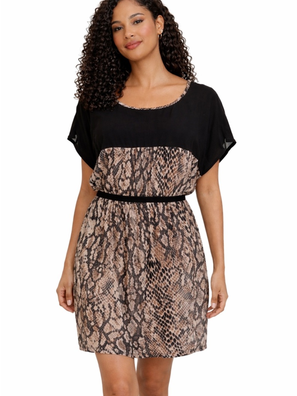 Madison Black & Brown Animal Print Dress W/ Sheer Top and An Elastic Waist